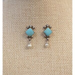 Signed Quoc Turquoise Navajo Sterling Silver Turquoise Pearl Dangle Earrings